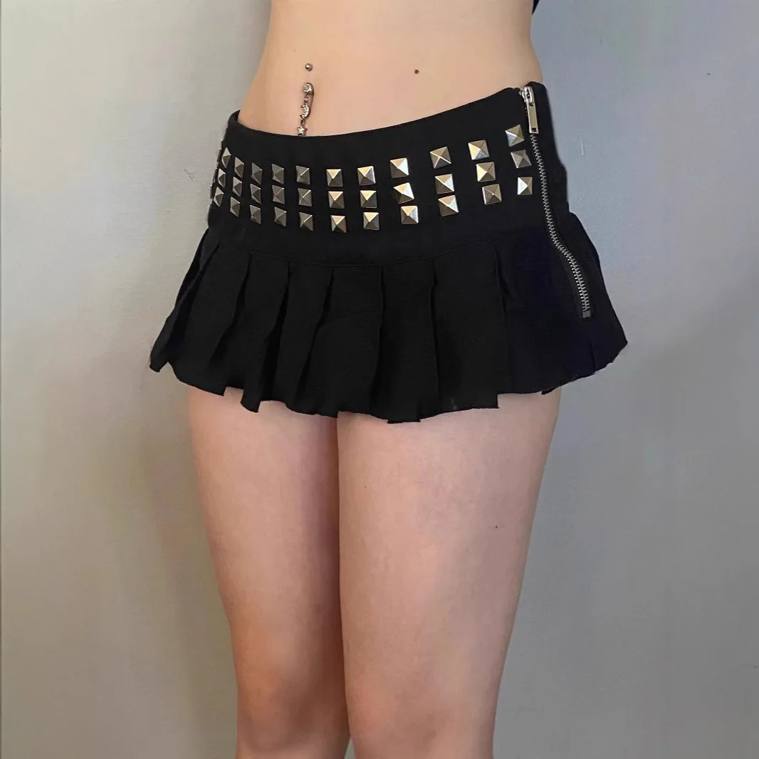 New Rhinestone Design Pleated Short Skirts For Women Summer Personalized A-line Side Zipper Skirt