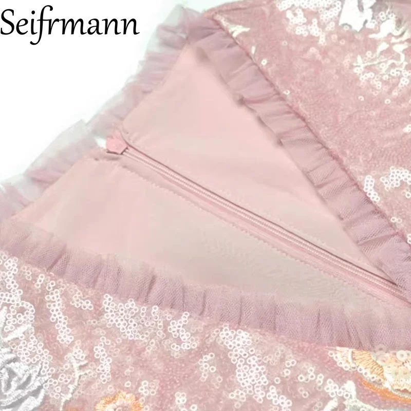 Seifrmann 2026 Spring Women's New Fashion V-neck Flying Sleeve Embroidered Splicing Mesh Waist Cinching Dress