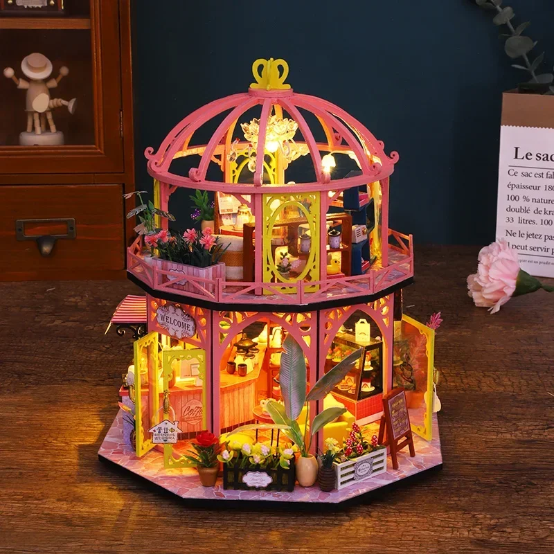 

Romantic Coffee Store Casa Miniature DIY Wooden Doll Houses Building Kits with Furniture Led Lights Dollhouse for Adults Gifts