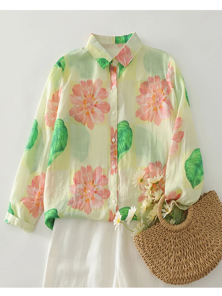 

Cotton Linen Printed Long Sleeved Shirt for Women in Spring Autumn New Loose Casual Turn-Down-neck Plus Size Blouse Top S103