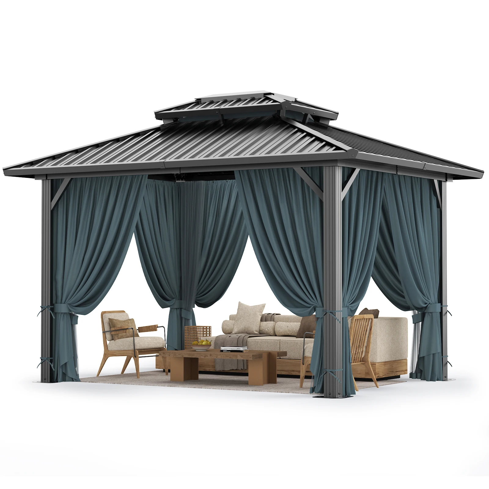 10x12 Hardtop Gazebo, Heavy Duty Galvanized Steel Double Roof Metal Gazebo with Netting and Curtains, Permanent Outdoor Pavilion Pergola for Backyard, Patio, Garden and Lawn, Flame-Resistant Cabana Shelter, Black view 2