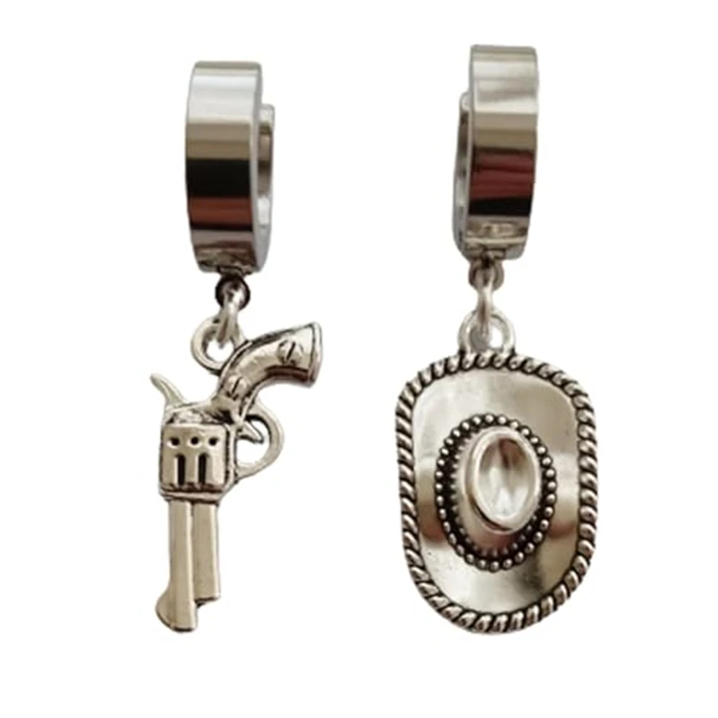 Cute 3D Cowboy Hat and Gun Charm Small Hoop Earrings, Boho Piercing Dangle Stainless Steel Ear Clip, Mismatched Clip on Earrings