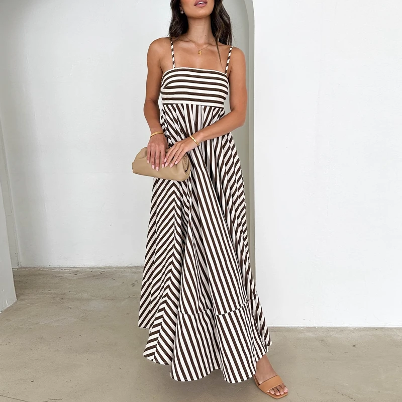 Women's Long Cami Dress Graphic Print Spaghetti Strap Backless A-Line Flowy Dress Boho Beach Style Sleeveless Maxie Dress