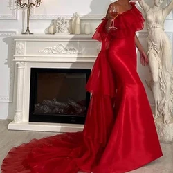 Flechazo Red Mermaid Evening Dress One-Shoulder and Off the Shoulder Women Tiered Ruffles Party with Sweep Train Gowns Custom