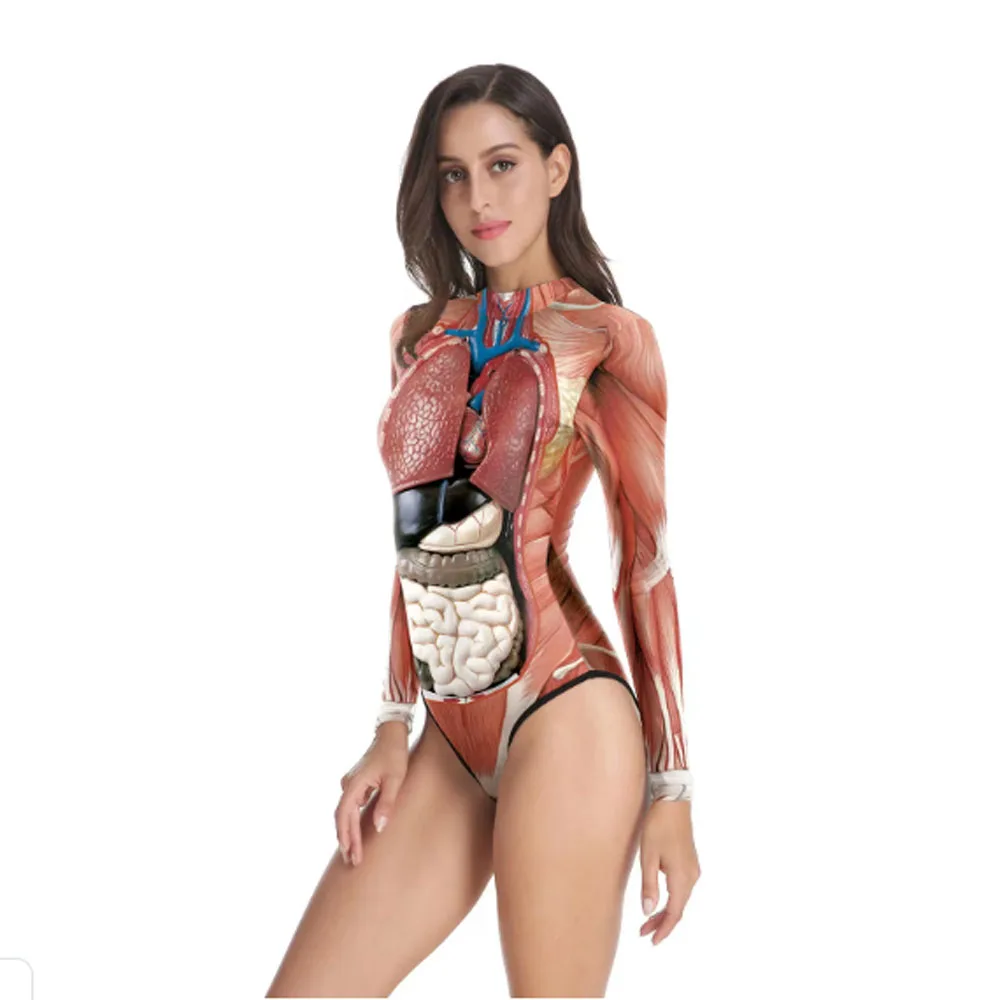 3D Printing Swimsuit Tops Human Bones Halloween Anchor Long Sleeve Clothes Musculoskeletal Onesie Halloween Supplies