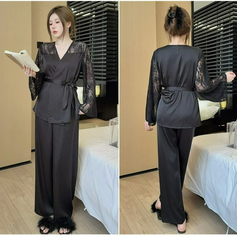 

2026 Spring Autumn Lace V-neck Pajamas for Women New Fashion Ice Silk Long-sleeved Thin Women Sweet Sexy Two-piece Sets