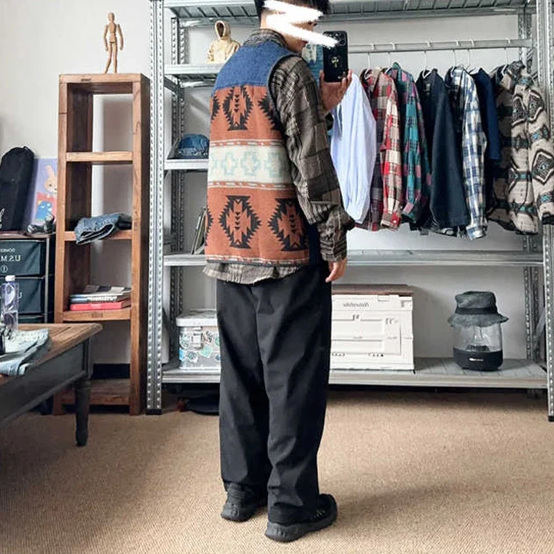 Japanese Men's Indigo Washed Retro Sword Cloth Ethnic Style Patchwork Loose Casual Vest Versatile Jacket for Men and Women