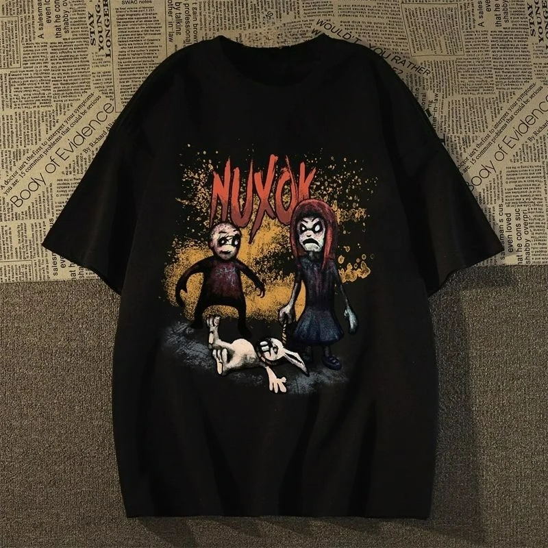 

New Internet Celebrity Same Graffiti Little Devil Who Killed Him Print Crew Neck Men and Women Loose Short Sleeves