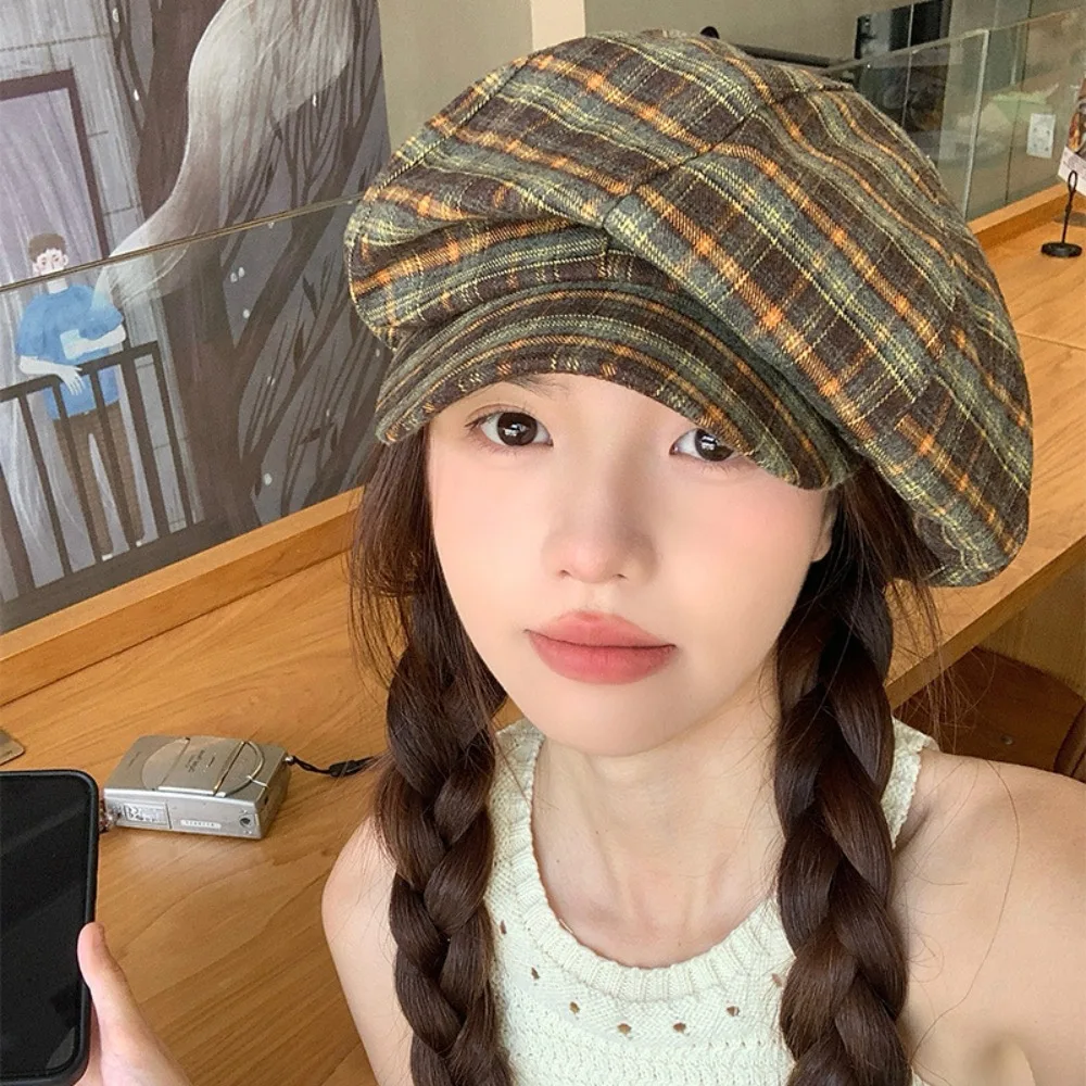 

Передняя шляпа, хлопковая клетчатая кепка с облаком, тонкий берет в стиле ретро, контрастный цвет, полиэстер, женская восьмиугольная шляпа для вечеринки