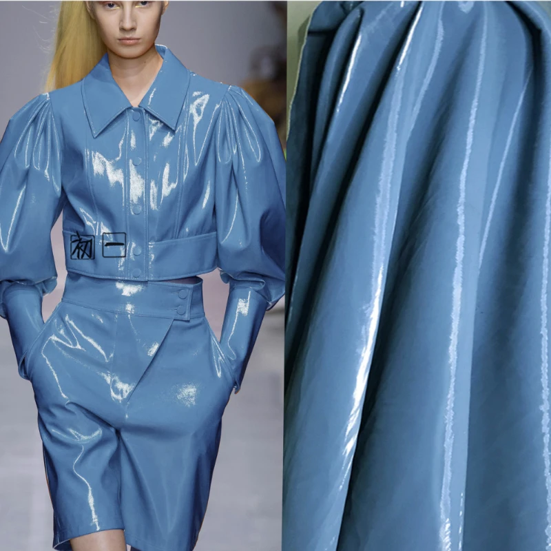 

Sky Blue Bright Coating Washed PU Leather Fabric Jacket Pants Clothing Designer for Diy Sewing Material Fashion Wholesale Cloth