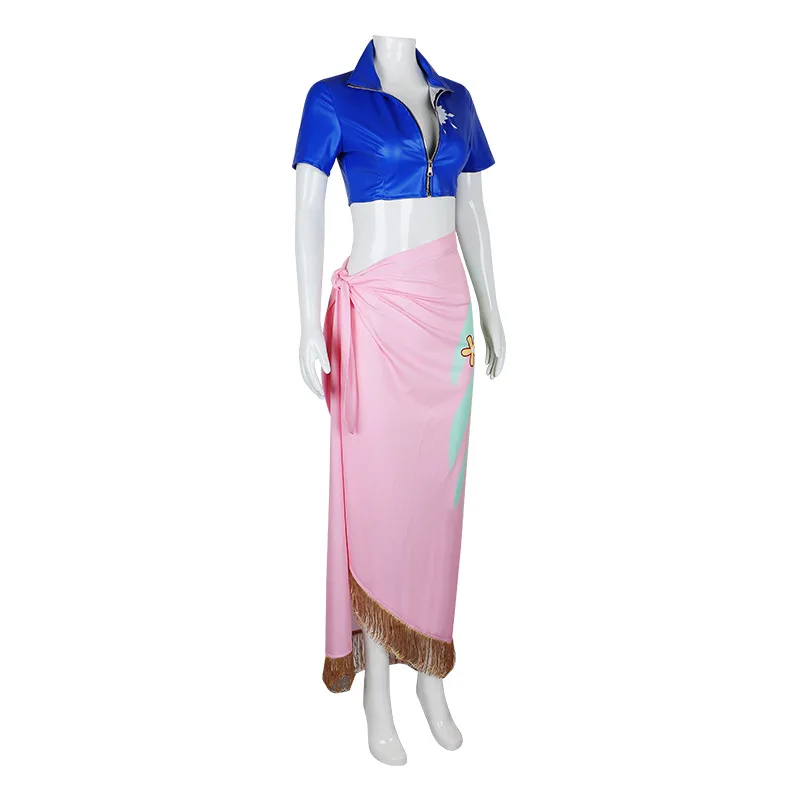 Nico Robin Cosplay Costume Top and Floral Pattern Wrap Skirt Women Cosplay Costume Outfit Decorated with Tassel