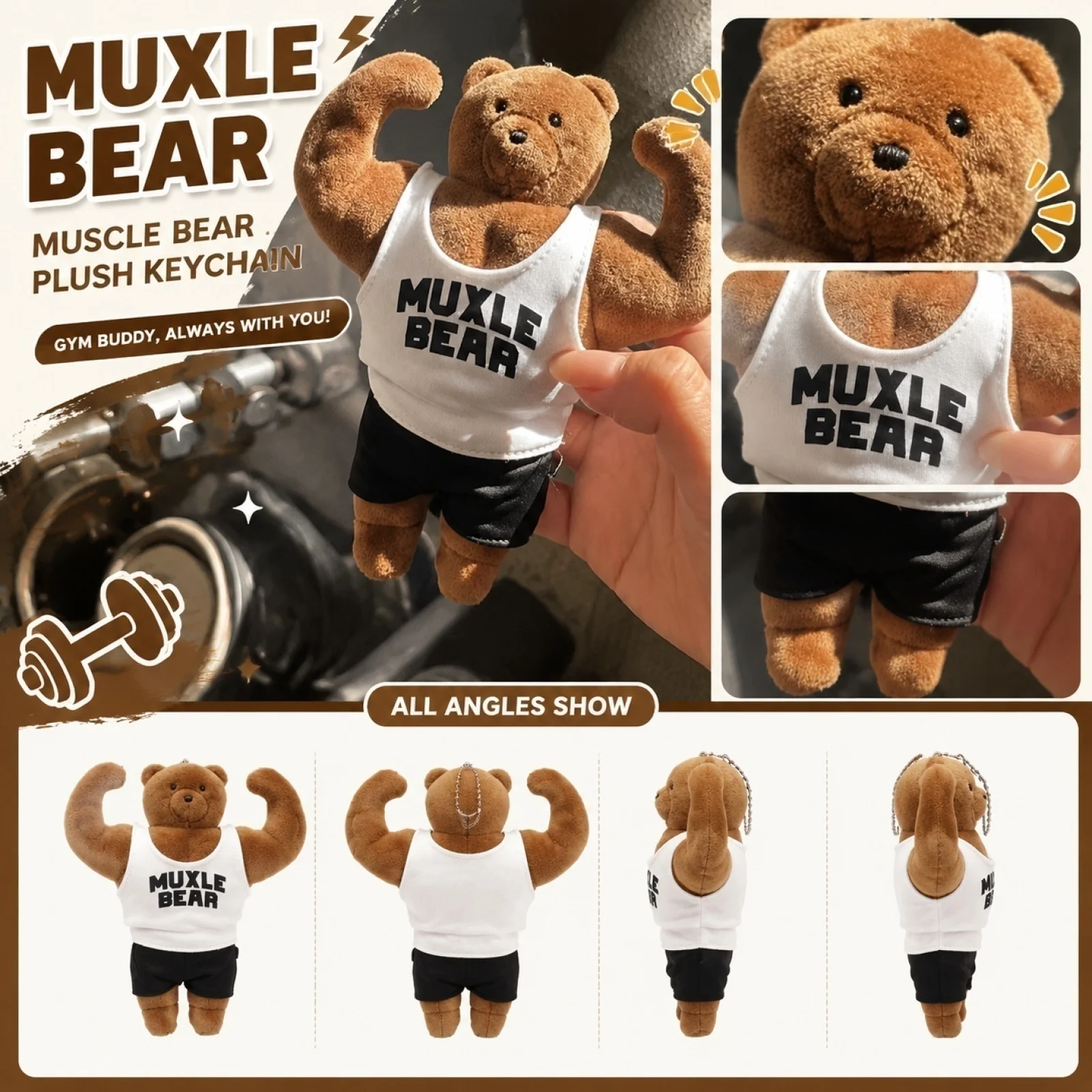 Novelty Plush Muscle Bear Keychain Fun Gym Bag Backpack Decorative Pendant Accessory Creative Holiday Gift