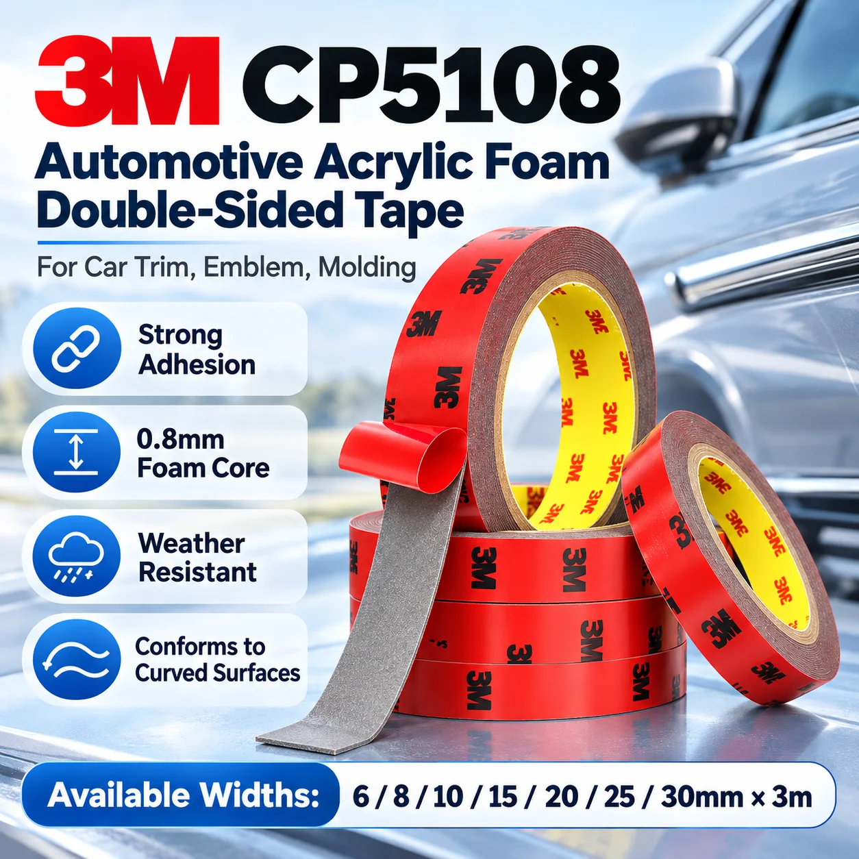 3M CP5108 Automotive Acrylic Foam Double Sided Tape Strong Adhesive Weather Resistant for Car Trim Emblem Molding 0.8mm 3m