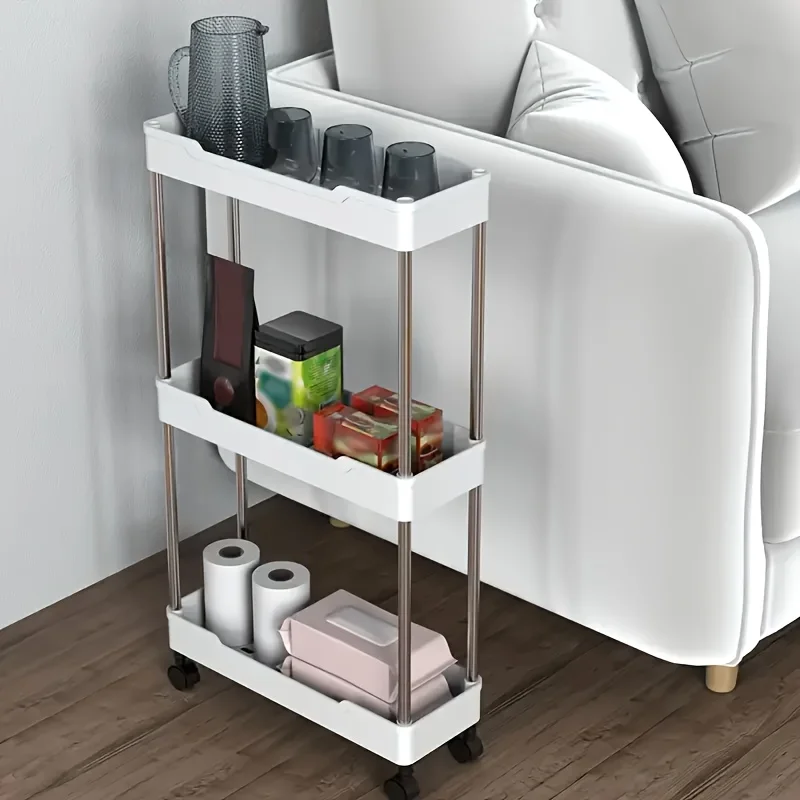 3-Tier Slim Rolling  Cart - Stainless Steel & Plastic, Space-Saving Organizer With Wheels For Bathroom And Kitchen