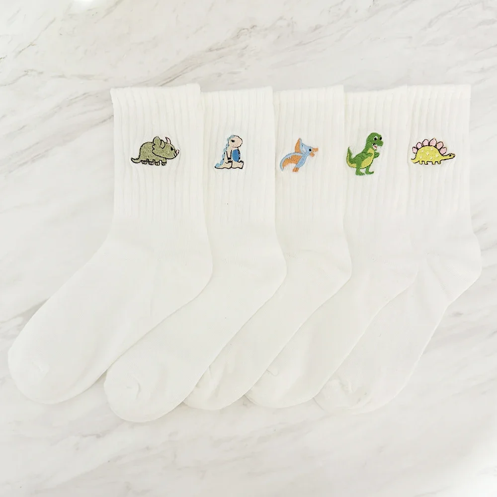 5 زوج/الحزمة لطيف المرأة التطريز ديناصور الجوارب الأبيض جميل الكرتون الحيوان خمر Shortnovelty مجنون مضحك الجوارب المريحة #2