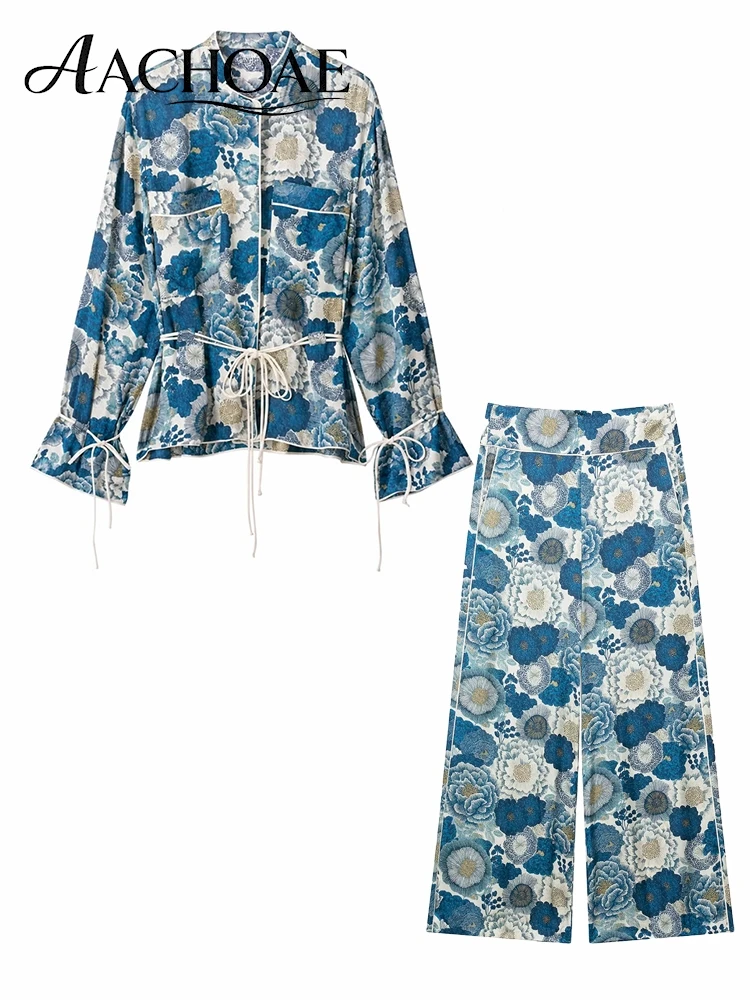 AACHOAE Women Floral Satin Two Piece Set Vintage Chinoiserie Print Long Sleeve Shirt and Wide Leg Pants Matching Lounge Set