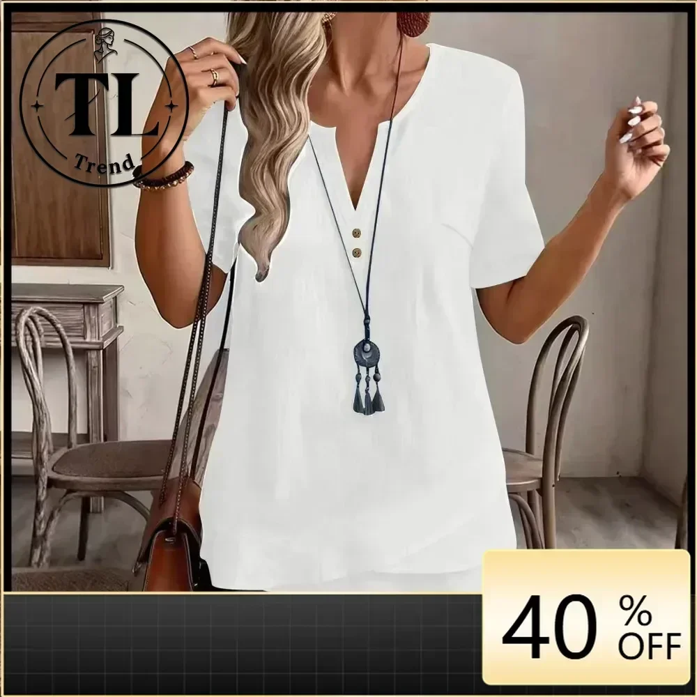 Women Solid Cotton Linen Blouse Summer New Short Sleeve Button Front Loose Lightweight Casual Soft Breathable Flattering Comfy