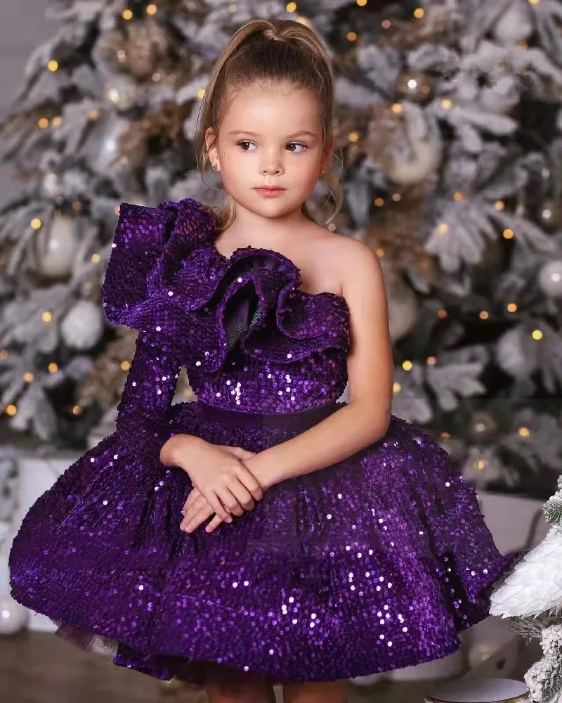 

Flower Girl Wedding Party Dresses Multi-color Girls Princess Dress One Shoulder Sleeve Short Gown Sequined Ball Gowns Customized