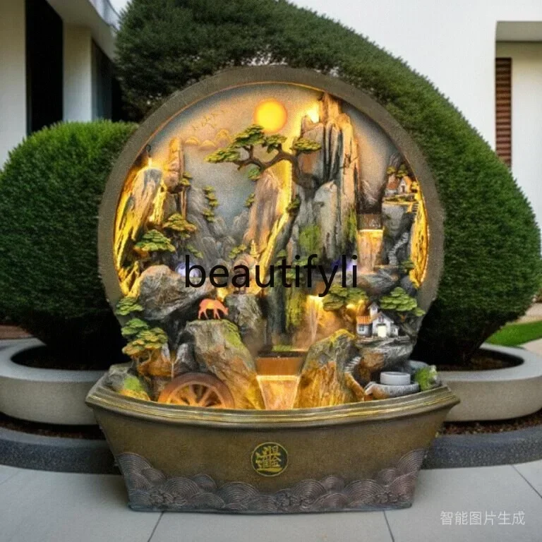 SS Living room, villa, courtyard, water feature, water curtain wall, rockery, flowing water fountain, decorative landscape D1089