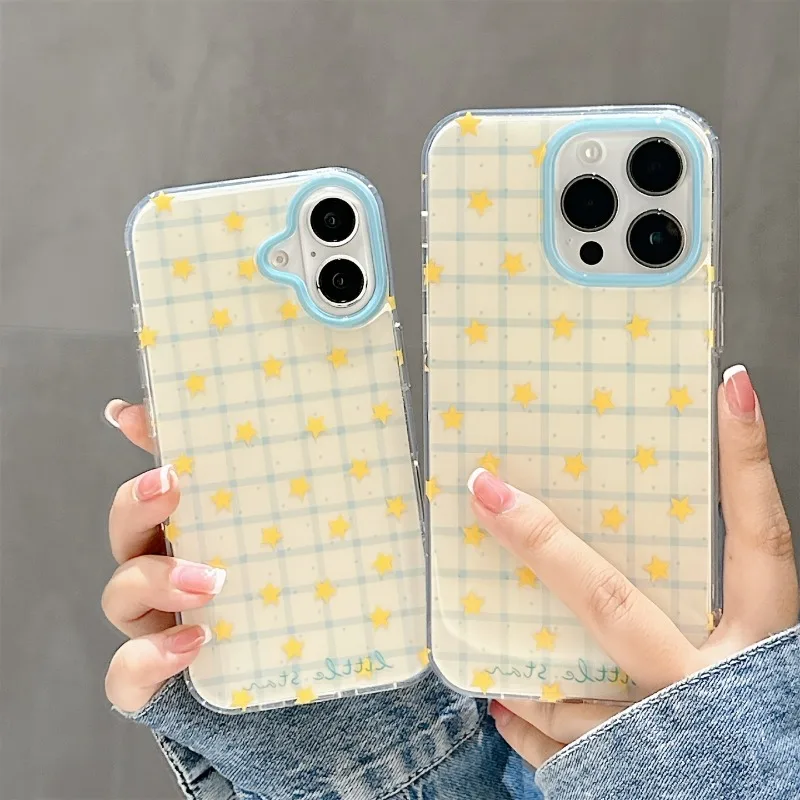 Yellow Star Checkered Pattern Phone Case For iPhone 17 Pro 16 15 14 13 12 11 Pro Max 16e Air XR XS Max 7 8 Plus Shockproof Cover
