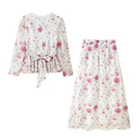 Spring Autumn Skirt Outfit Women New Printed Waist Cinched Long Sleeved Shirt Top with Waist Slim Elastic Skirt Two Piece Set