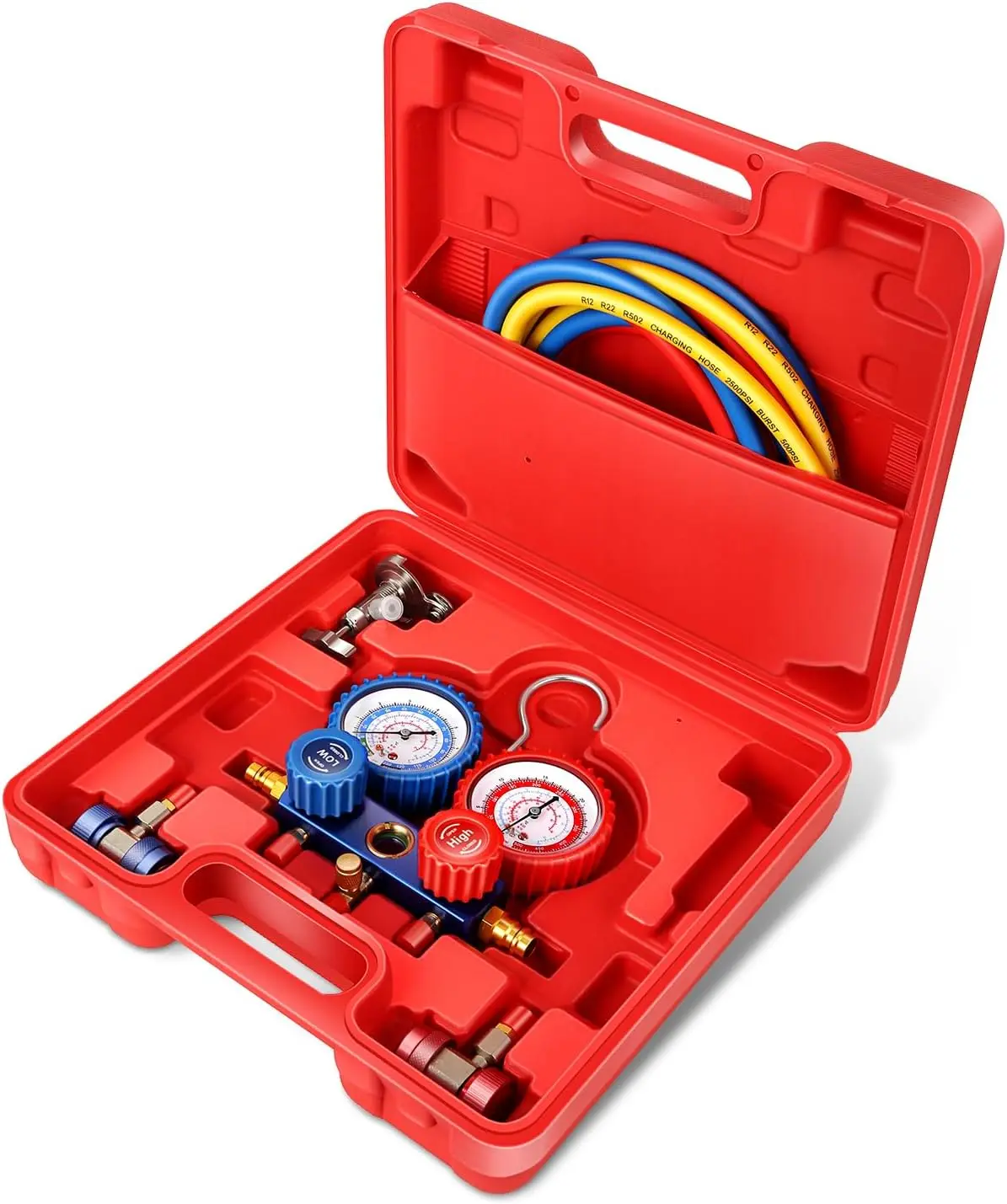 

AC Manifold Gauge Set 3-Way for R410A R22 R134A R404 with Hoses, Couplers & Adapter