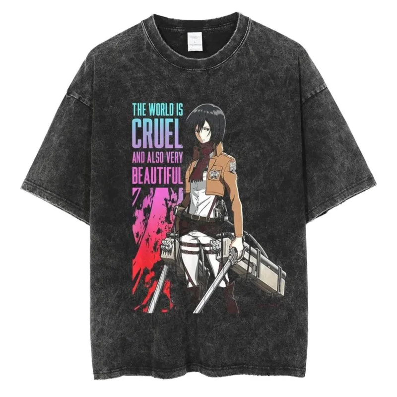 Vintage Washed Attack On Titan Eren Yeager Attack Titan Poster Graphic  Unisex Oversized Anime Streetwear Short Sleeve T‑Shirt