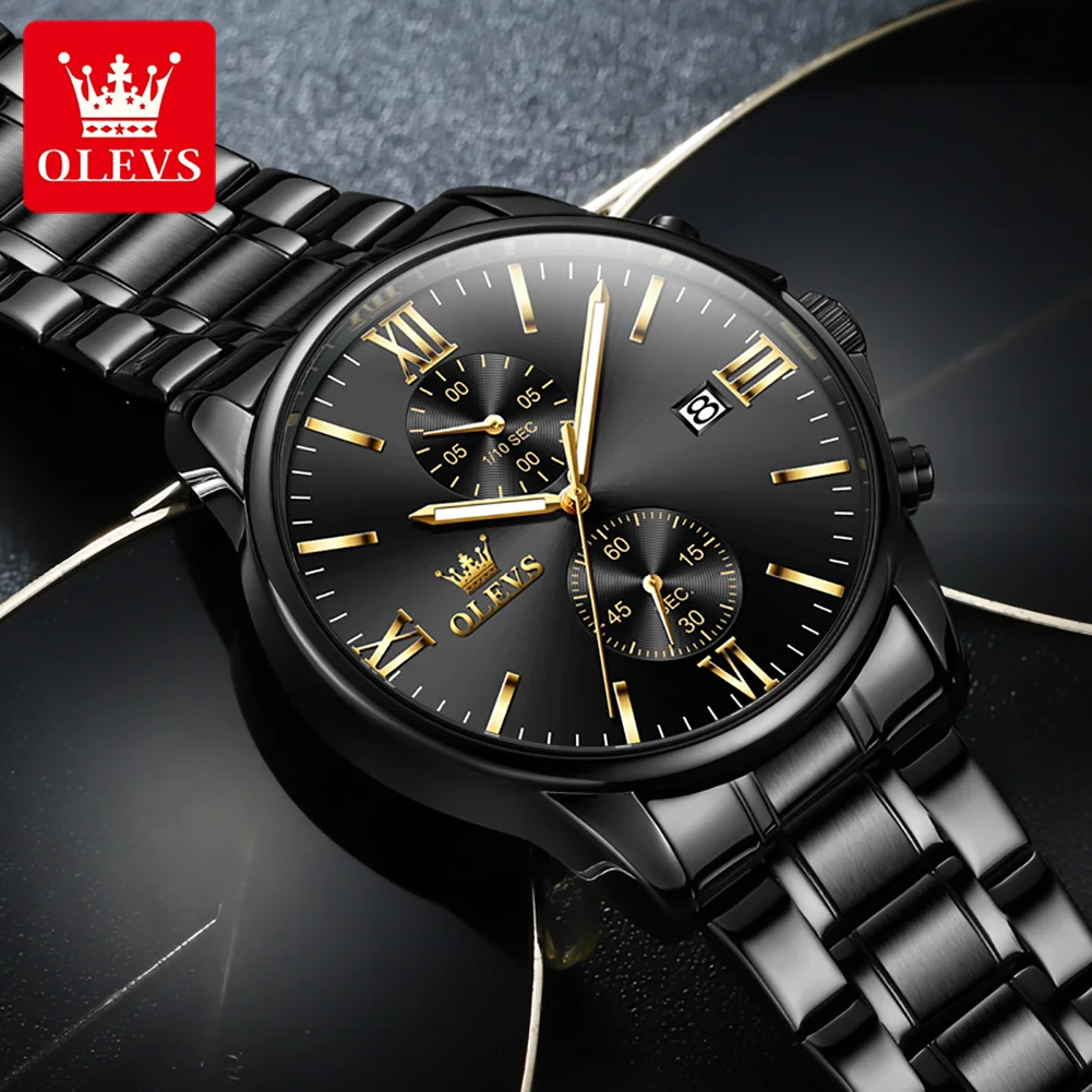 OLEVS 2886 Classic Black Quartz Watch for Men Elegant Chronograph Auto Date Clock Waterproof Luminous Top Brand Men\'s Wristwatch