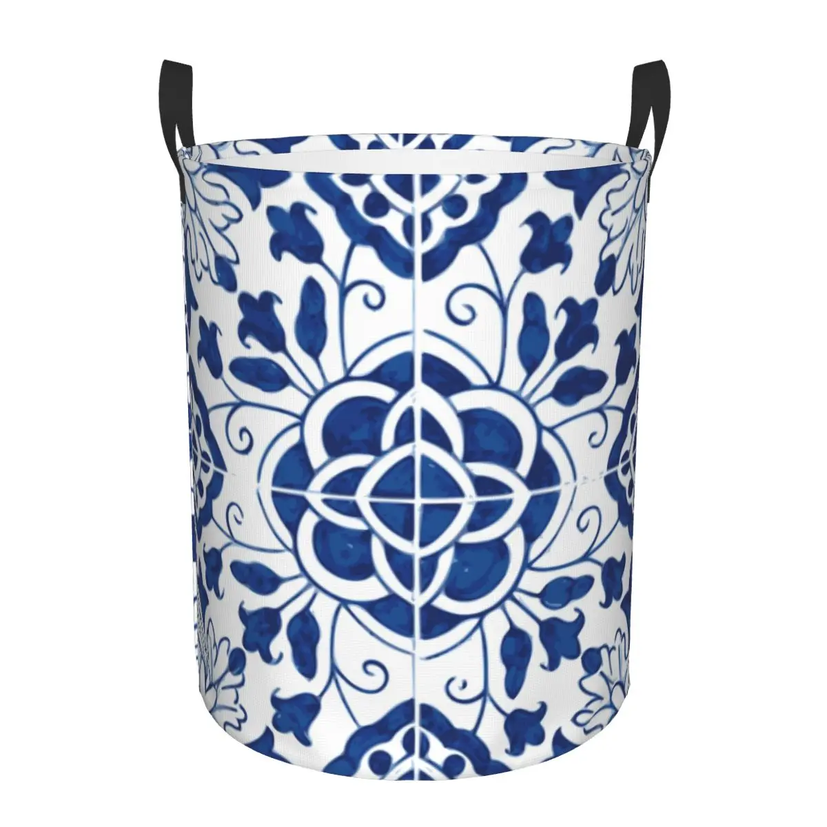 Custom Blue Portuguese Porcelain Tiles Laundry Hamper Large Storage Basket Flower Pattern Kids Nursery Toy Organizer