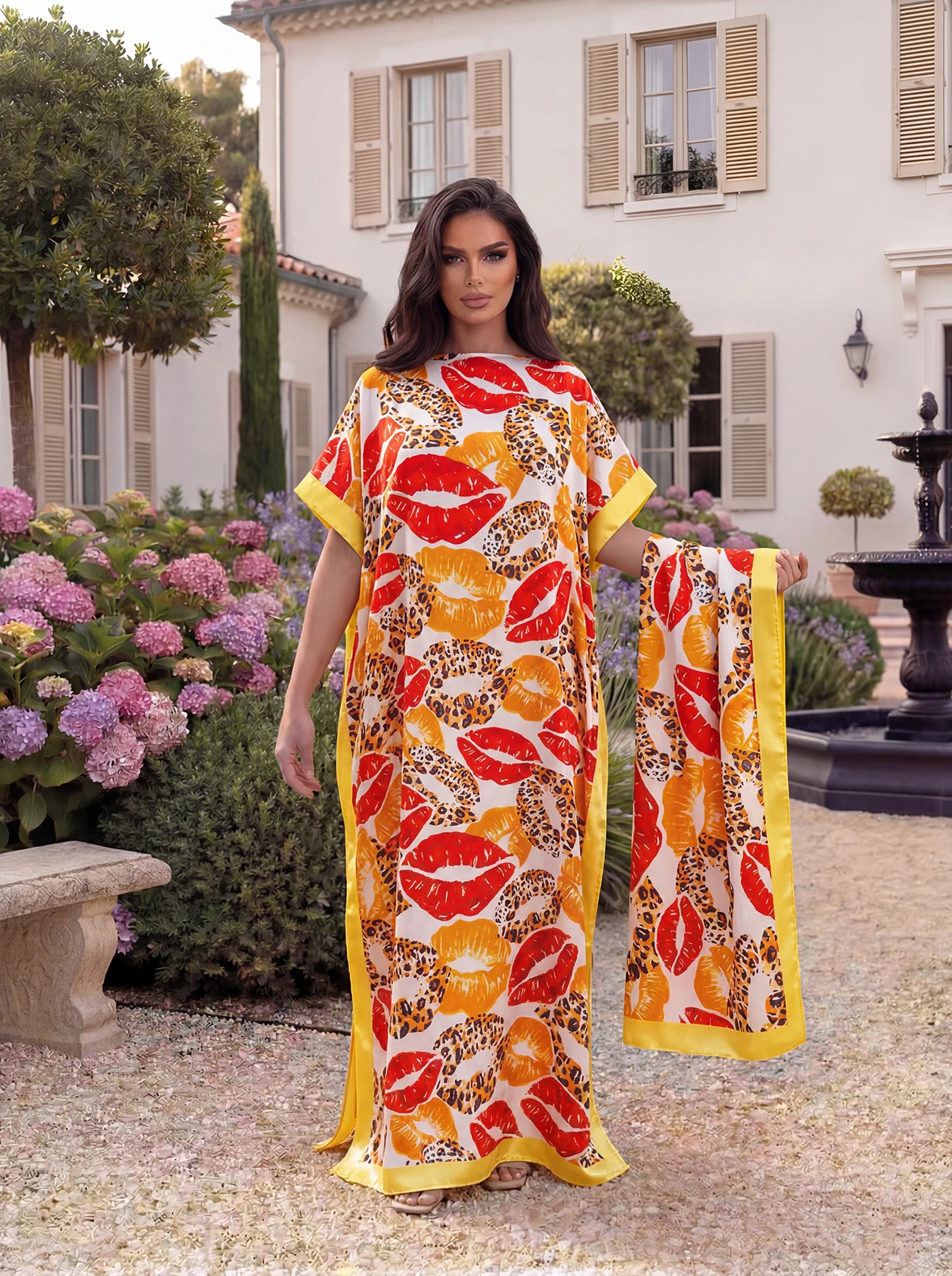 Lip Leopard Printed Dubai Casual Abaya With Scarf, Loose Batwing Maxi Kaftan Robe For African Muslim Women Daily Wear image 3