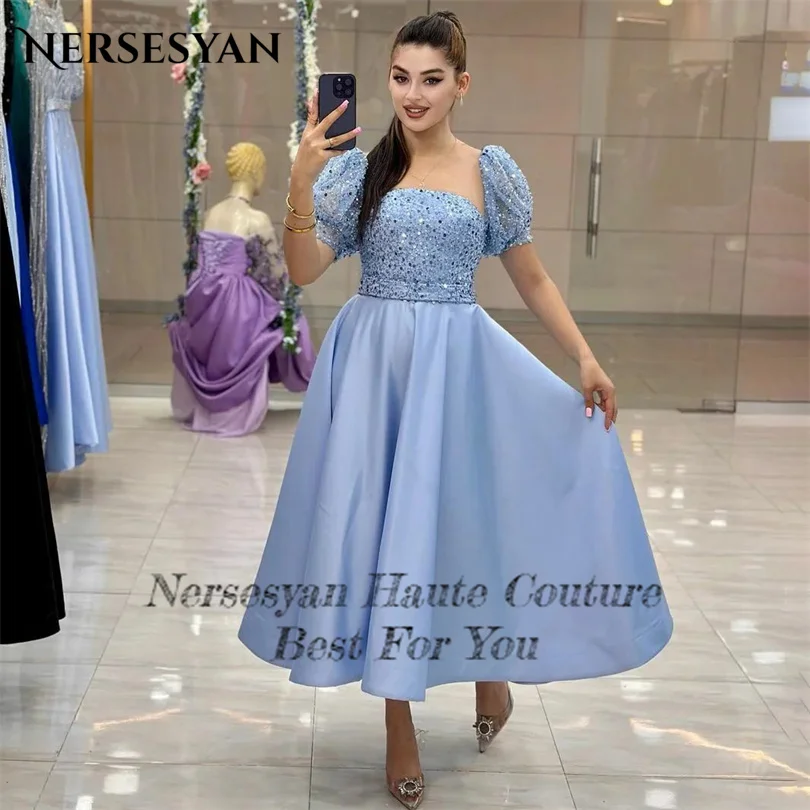 Nersesyan-vestido De noche Formal con mangas abullonadas, traje plisado De satén con lentejuelas brillantes, línea A, drapeado, 2023