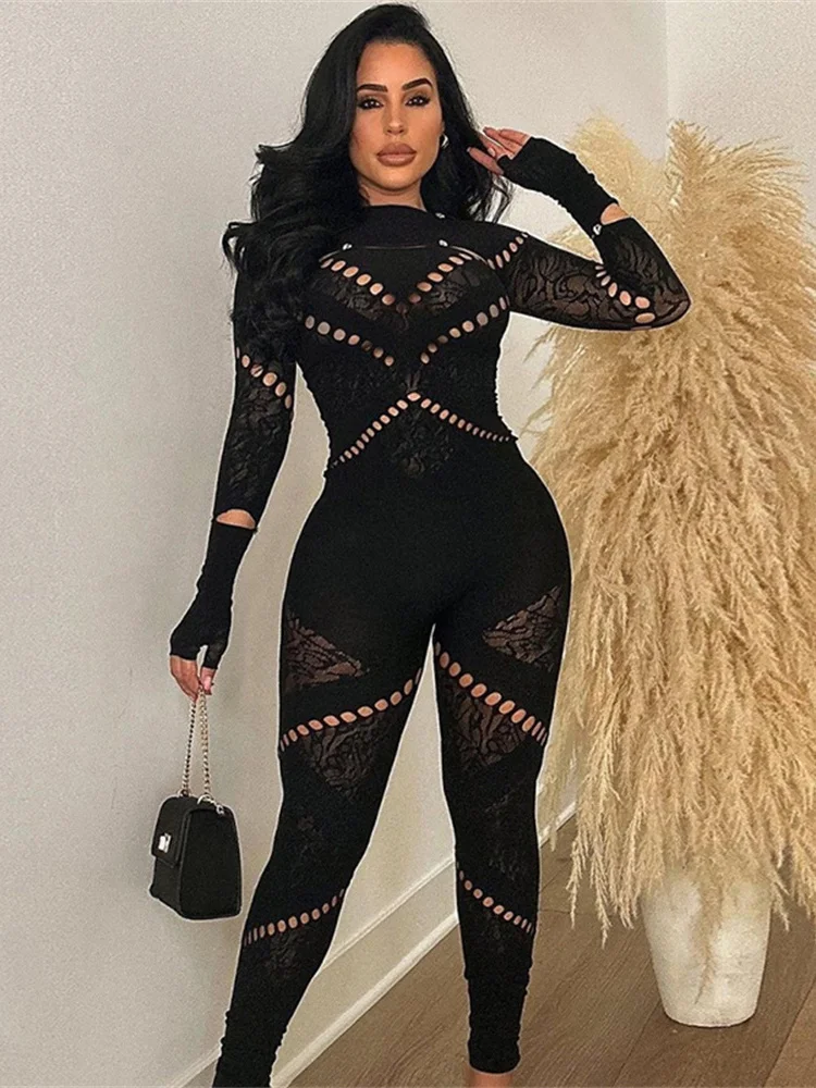 Weird Puss Thick Women Jumpsuit Rhinestone Hollow Tight Elastic Sexy Midnight Fitness Stretch Bodycon Workout Overalls Clubwear