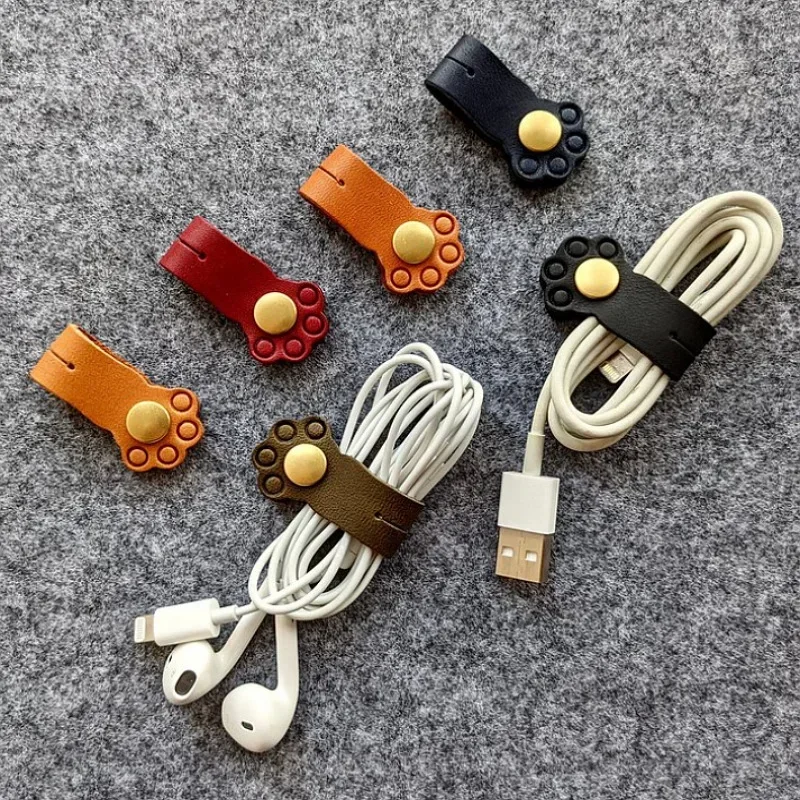 Cute Cat Paw Buckle Holder Leather Mobile Phone Data Cable Winder Silicone Cartoon Earphone Cable Wire Storage Clip Organizer