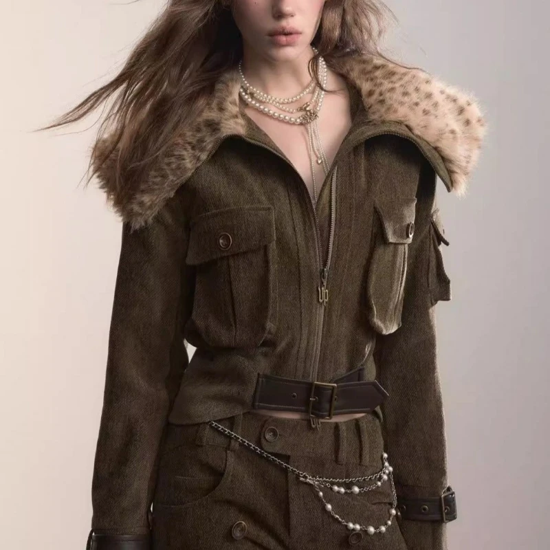 Exquisite Leopard Fur Collar Patchwork Coat Minority Heavy Slim Waist Warm Thicked Premium Vintage Harajuku Tops