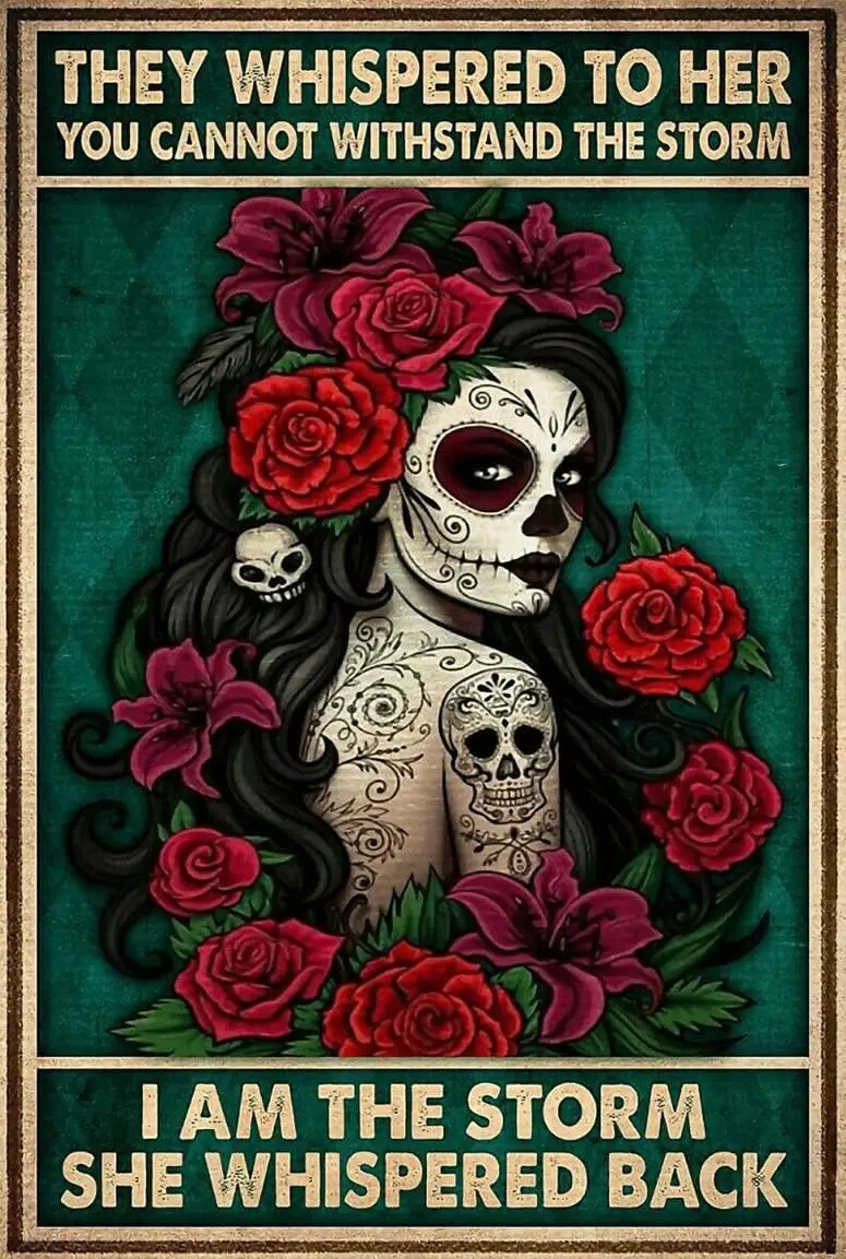 Metal Tin Retro Sign-and She Lived Happily Ever After Metal Poster, Wicked Witch Halloween Art, Sugar Skull Metal Poster, D sign