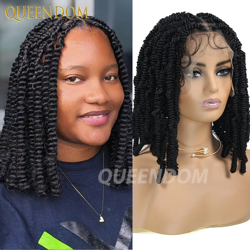 

12" Short Bob Wigs Full Lace Front Box Knotless Locs Braided Wigs For Black Women Spiral Curl Braid Wig With Baby Synthetic Wig