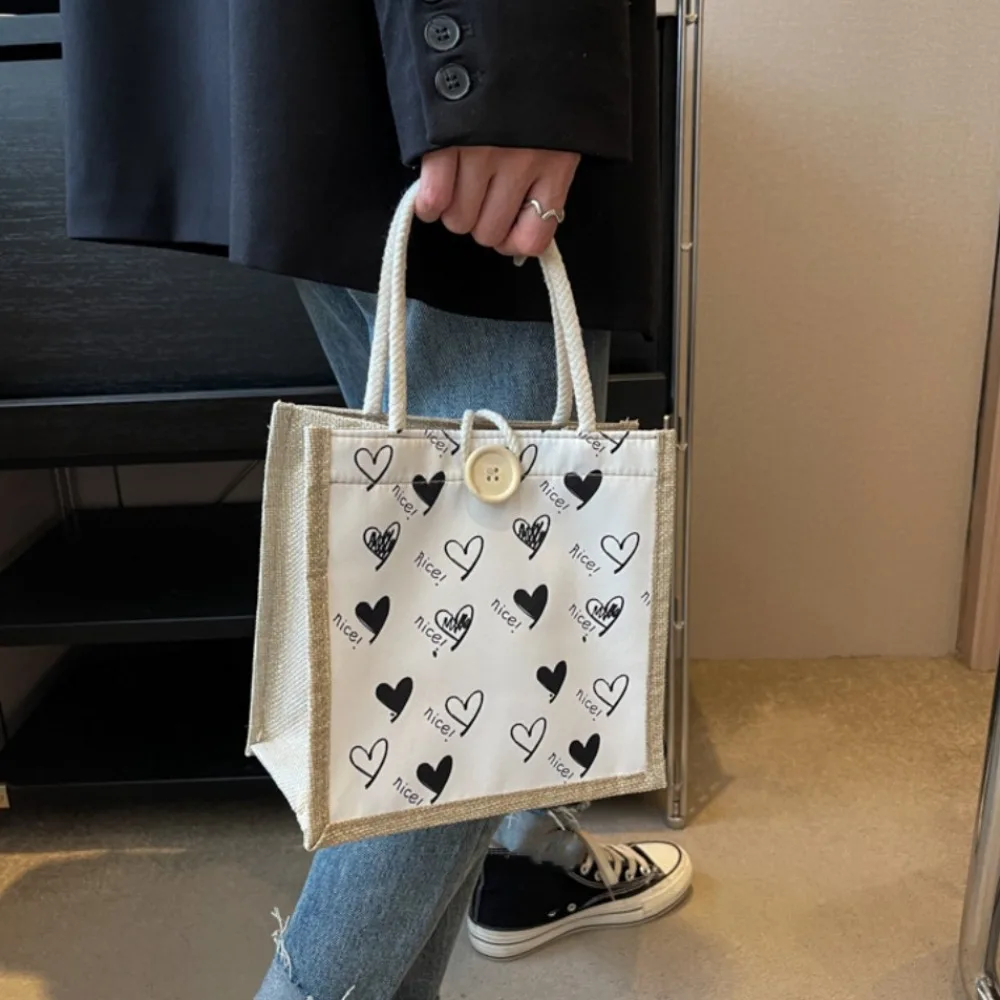 Fashion Zipper Flower Linen Bag Button Lunch Bag Love Heart Tote Bag Gift Bag Organizer Linen Handbag Beach