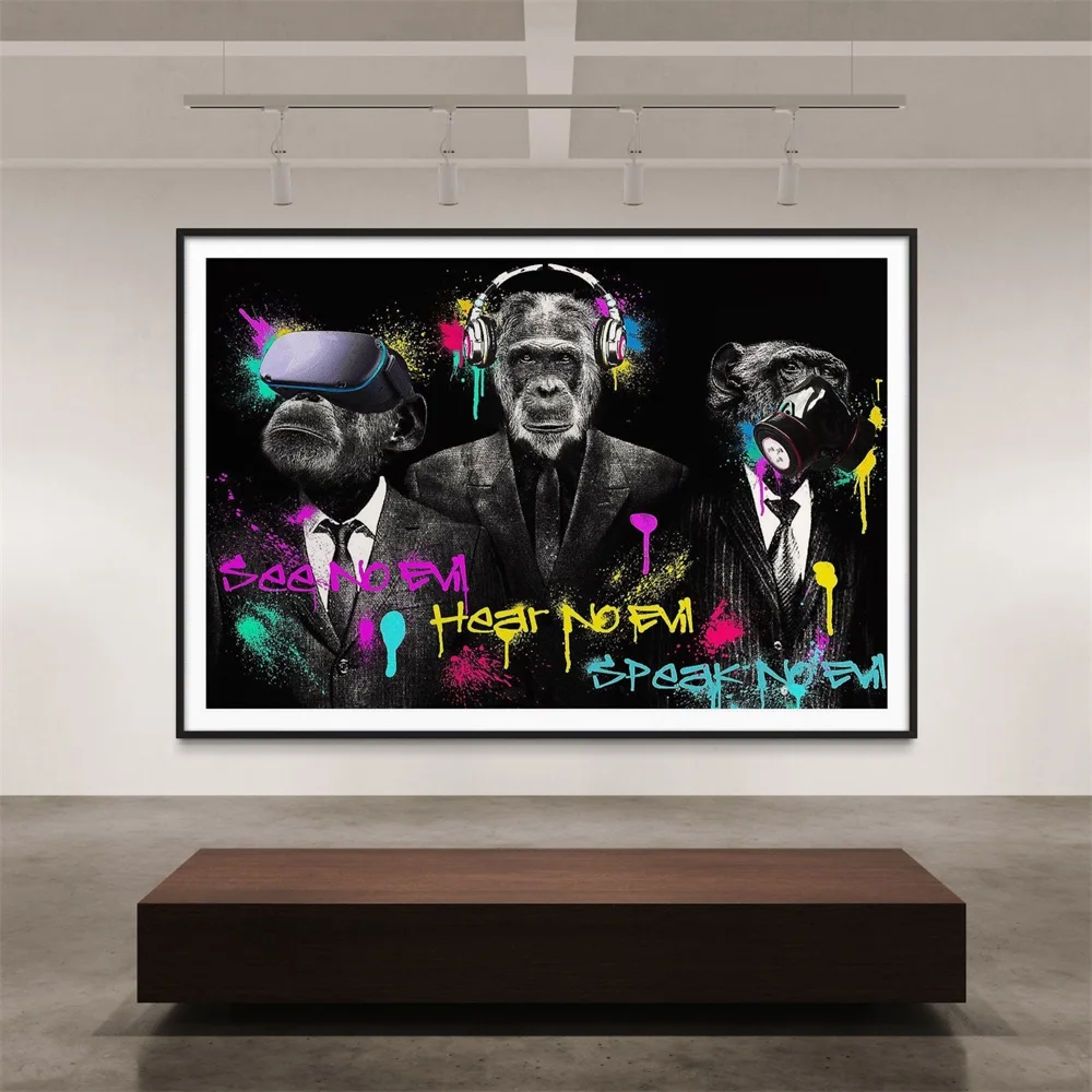 

The Wise Monkeys Animal Canvas Painting Graffiti See Hear Speak No Evil Poster Print Wall Art Picture Living Room Home Decor