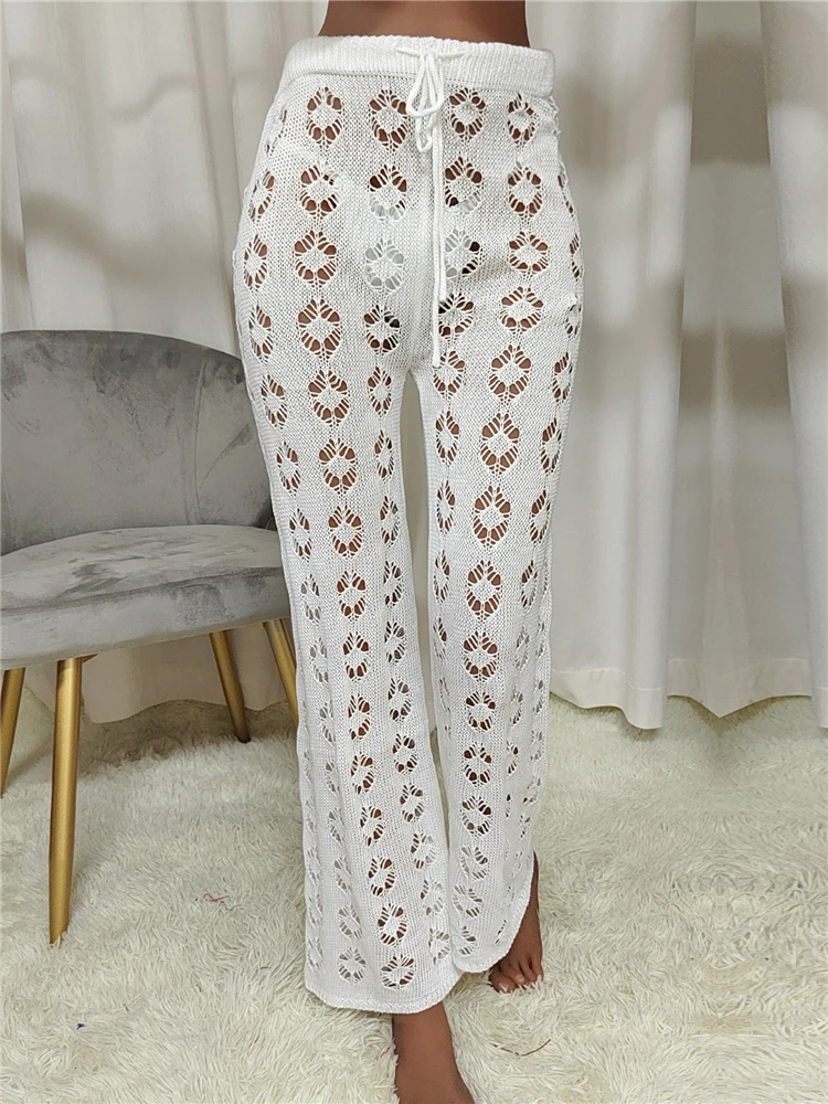 2023 Fashion Knitted Pants for Women White Crochet Long Pant Summer Beach Wear String Waist Knit Beachwear Trousers Hole XL