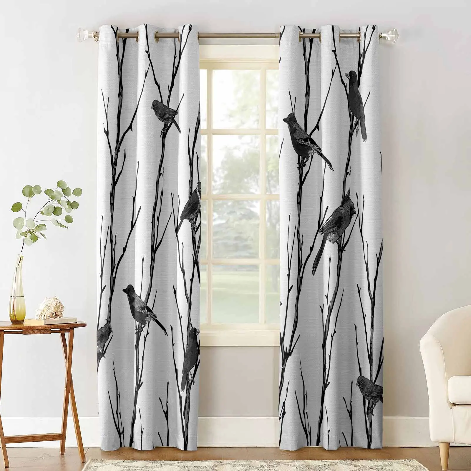 Branch Bird Silhouette Window Curtains for Living Room Kitchen Curtain Bedroom Decorative Window Treatments