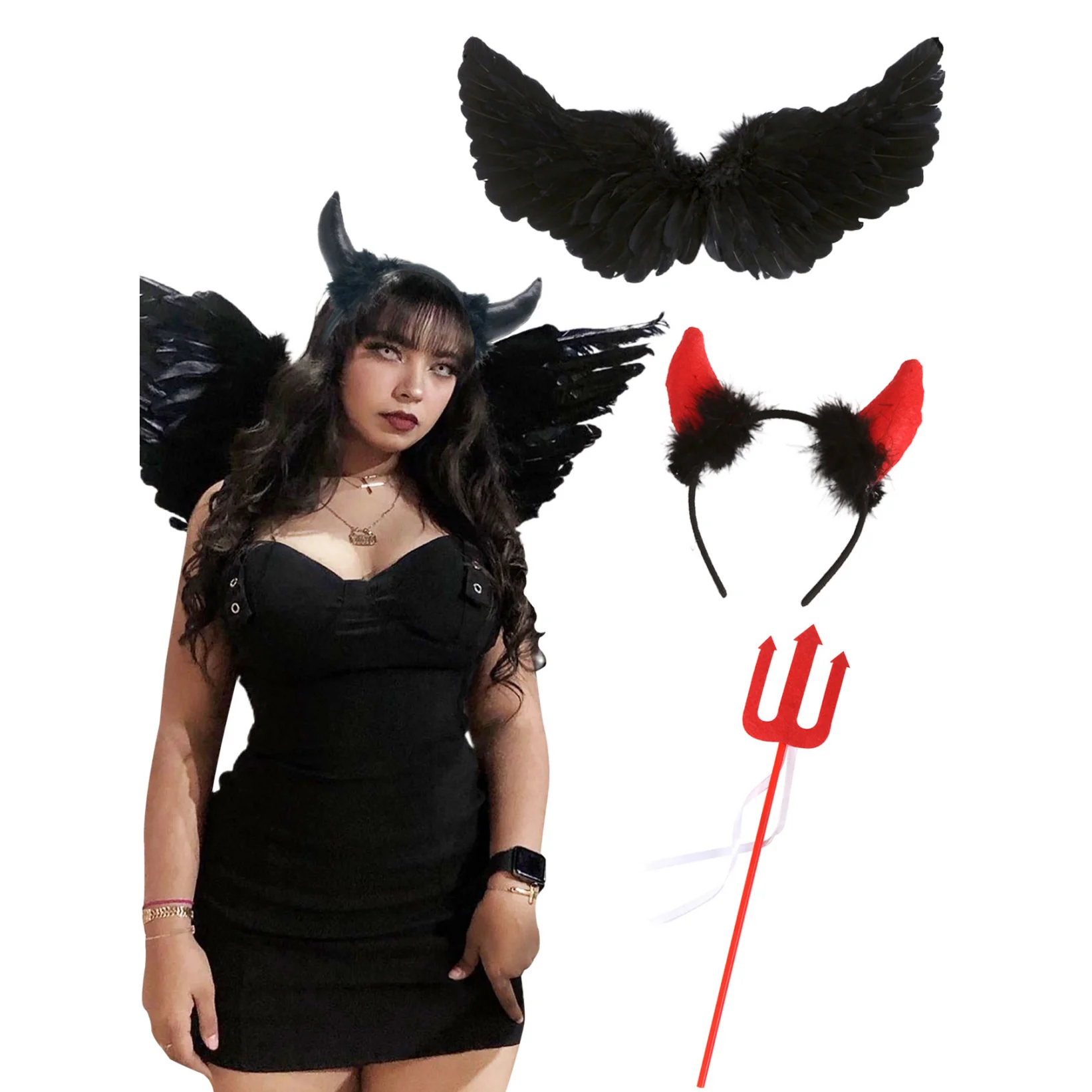 LaVenty Teufelshorn-Stirnband, Teufelsflügel, Dämonenfeder, Engelsstab, Flügel für Erwachsene, schwarzer Engel, Kostüm, Cosplay für Halloween, Weihnachten