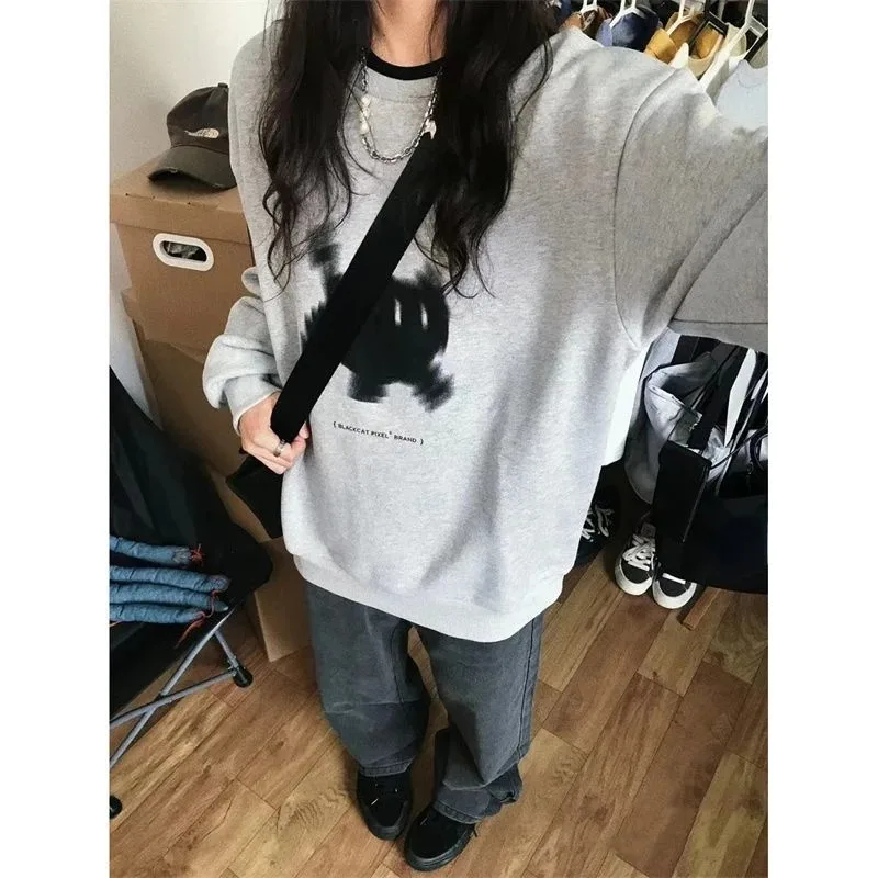 

Autumn Y2k Aesthetic Preppy Cat Print O Neck Hoodies Women Loose Trendy All Match Casual Pullovers Y2k Korean Grunge Sweatshirts