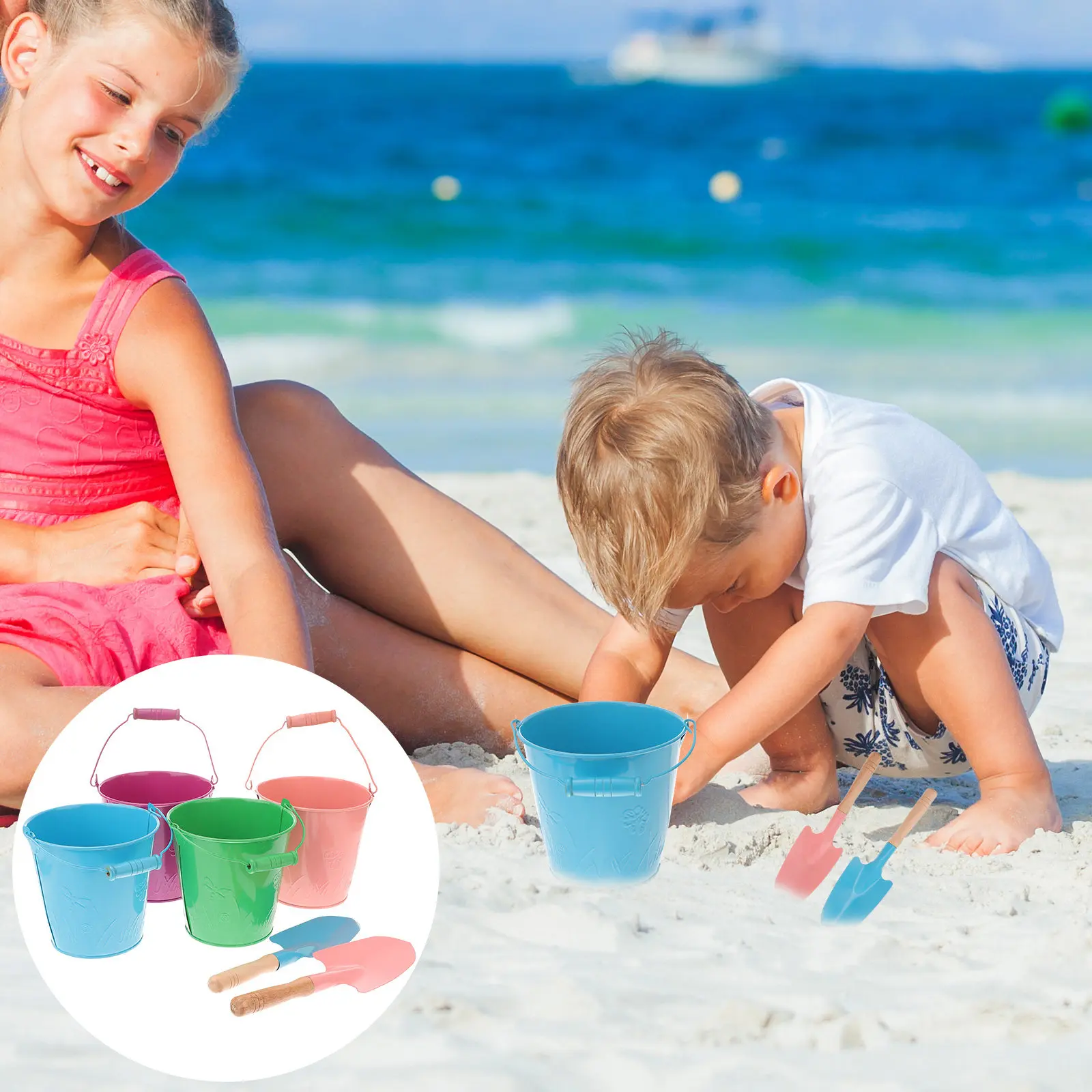 6Pcs Durable Kids Beach Buckets Bright Color Lightweight Carry Handle Sand Playset for Party Pool Beach Bucket Toy