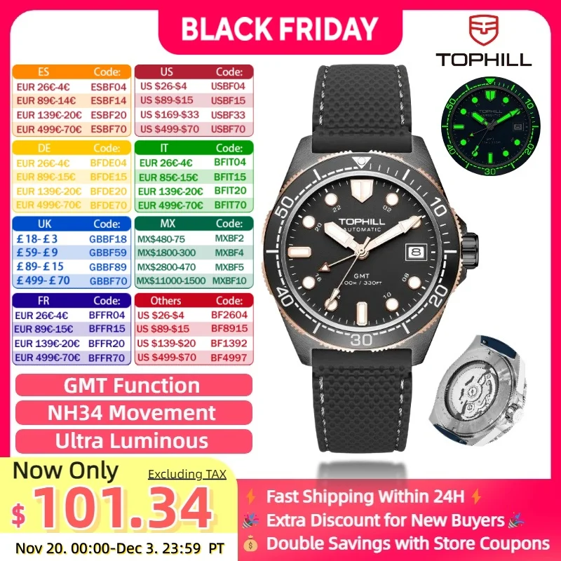

TOPHILL NH34 Мужские автоматические часы с механизмом для дайвера GMT Керамический безель BGW9 Супер светящийся 100 м Водостойкий сапфировый подарок