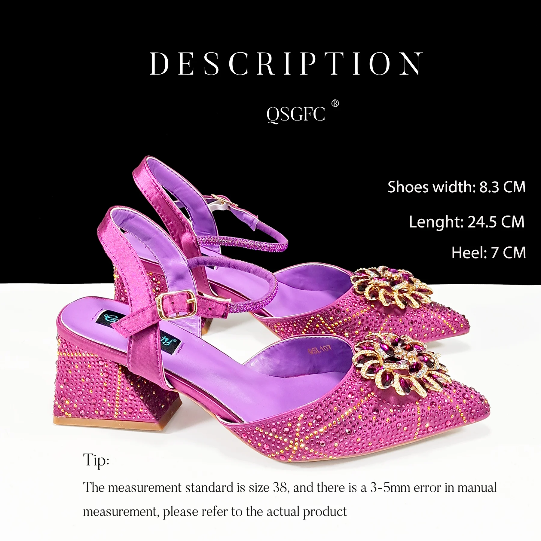 New Magenta Color Rhinestone Decoation Design Elegant Party Wedding Pointed Toe Lady Shoes and Bag Set and A pair of shoes