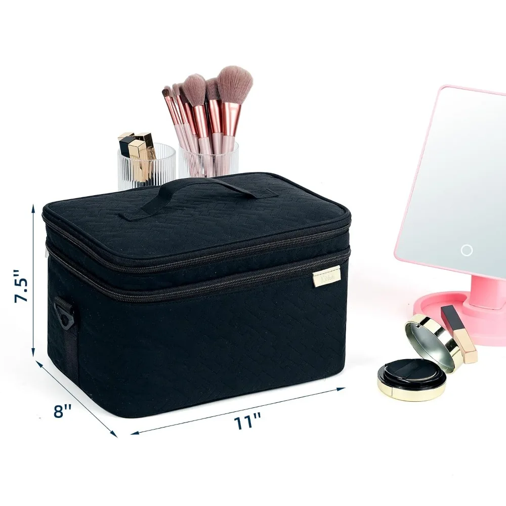 Extra Large Double Layer Travel Makeup Bag, Cosmetic Organizer Case with Shoulder Strap for Bottles, Brushes, Conditioner, Skin Care Products view 6