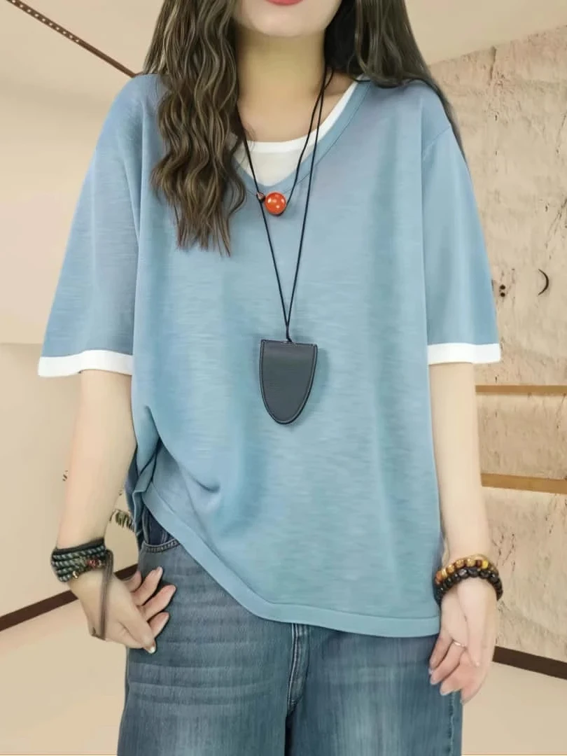 

Loose ort Sve V-Ne T-irt Women's plus Size Summer Faionable Thin Color Blo Top Korean Sle Creative Pattern