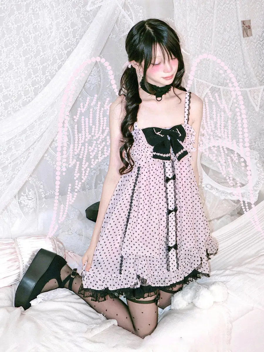 

New Japanese Kawaii Dress 2-piece Set Fashion Sweet Vintage Pink Polka Dot Suit Women Hepburn Lovely Bud Dresses Set