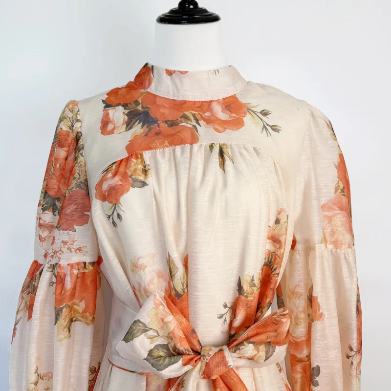 ชุดเดรสยาวพิมพ์ลายแฟชั่นทรงเอ็มไพร์ คอตั้ง แต่งเข็มขัด ผ้ากำมะหยี่ สำหรับผู้หญิง ฤดูใบไม้ผลิ ฤดูร้อน ฤดูใบไม้ร่วง