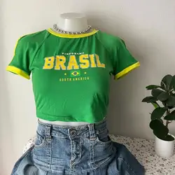 Y2k zielony Brasil nadruk z okrągłym dekoltem z krótkim rękawem letnia kobieta moda na co dzień gotyckie koszulki Harajuku Sexy krótkie bluzki Streetwear